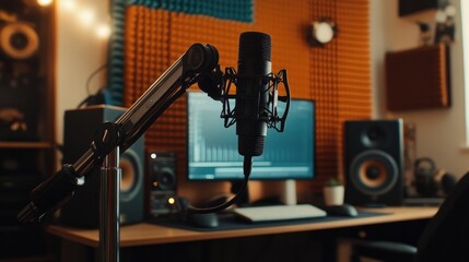 A microphone on a boom arm in a home studio setup, with a desk, computer, and acoustic foam in the background.