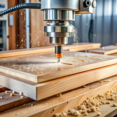 cnc milling machine cutting wooden board closeup