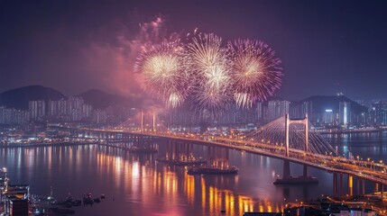 Fototapeta premium Gwangandaegyo Bridge And fireworks in Busan, South Korea