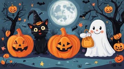 A delightful Halloween-themed collection shows a black cat, a cheerful ghost, and glowing pumpkins surrounded by bats and a full moon