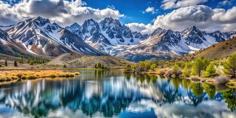 Fototapeta premium Scenic view of Eastern Sierra Mountains with snow-capped peaks and alpine lakes, California, mountains, Sierra Nevada