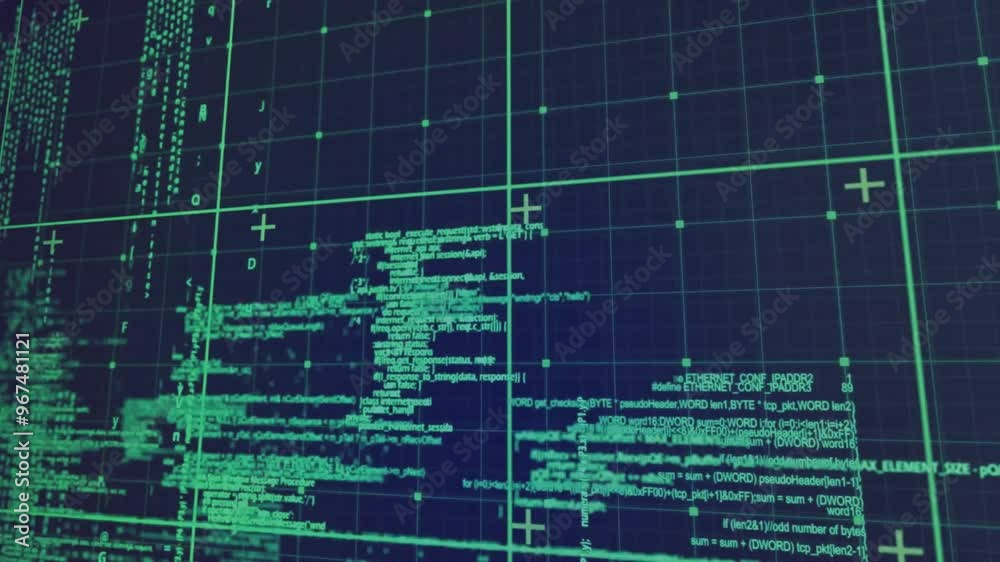 Poster animation of data processing over grid on dark background