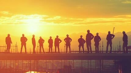 Fototapeta premium Silhouetted Construction Workers on a Rooftop at Sunset