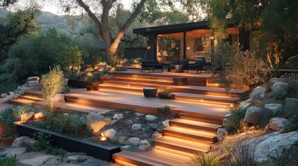 Beautiful outdoor patio with illuminated steps, surrounded by lush greenery and cozy seating, creating a peaceful atmosphere for evening gatherings.