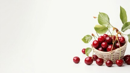 A basket of cherries sits on a white background