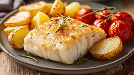Baked cod with potatoes and tomatoes on a plate