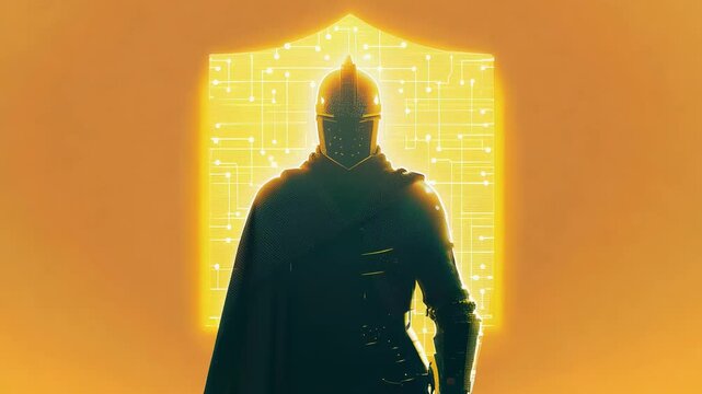 Silhouette of a knight with sword and shield in golden light