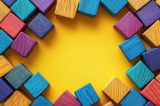 A colorful background with scattered wooden toys and pencils, creating an abstract composition for educational themes.