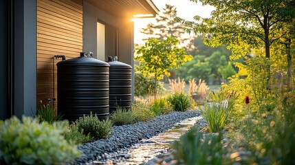 rainwater harvesting system installed to collect rain from the roof, directing it into storage barrels for garden use. 