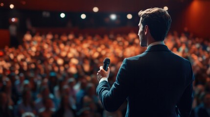 A motivational speaker holding a microphone and addressing a large crowd in a conference hall.