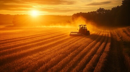 Fototapeta premium Tractor Harvesting Wheat Field at Sunset