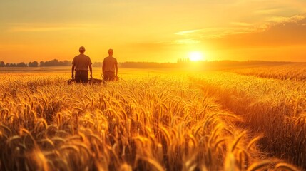 Two Silhouettes Walking Through a Golden Wheat Field at Sunset