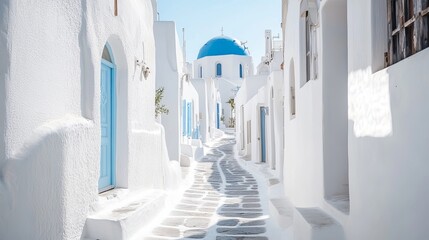 Fototapeta premium Bathe in the beauty of Mykonos. Immerse yourself in the Cyclades' charm with its iconic white buildings and vibrant blue domes.