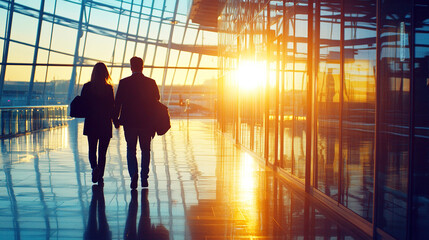 silhouette of business people walking in the airport 