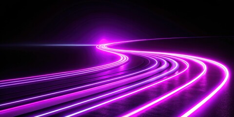 Neon light of purple road lines with abstract stripes and LED curved rays on black background, neon, light, purple