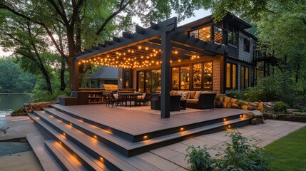 wraparound deck featuring a pergola for shade, cozy seating areas, and string lights creating a warm ambiance. Ideal for outdoor dining and relaxation, captured in soft, natural light.