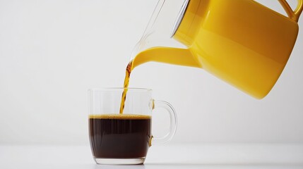 Coffee poured from a yellow pot into a clear mug on a white background, creating ample copy space.