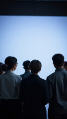 Obraz premium Silhouettes of people standing in front of a blue wall