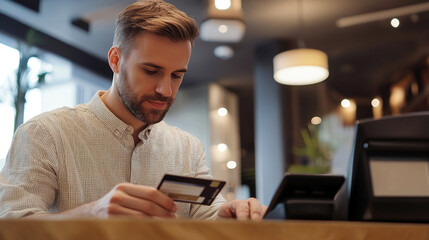 Modern man paying something with a credit card.
