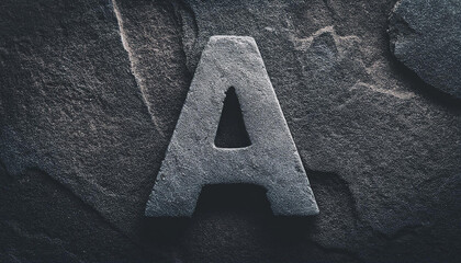 Stone letter 'A' on dark abstract rough background. Grunge wall with cracks and scratches effect.
