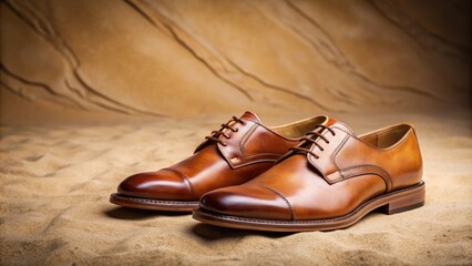 Rustic tan leather shoes displayed against a sandy beige backdrop, rustic, tan, leather, shoes, adventure, rugged, charm