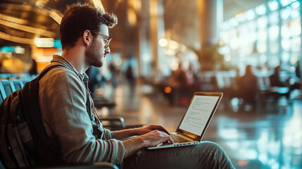 Digital nomad typing with laptop at the airport