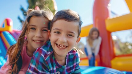 kids playing on an inflatable bouncy castle in the background, with one girl and boy smiling at camera