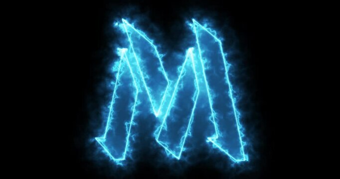 4K neon M alphabet on black background. M alphabet neon moving outline for an online shop, blog, web, cafe, and hotel on a black BG.Technology video material animation. Easy to use in any video.