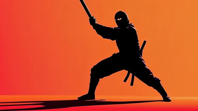 Silhouette of a ninja warrior in action with a katana sword against a red background