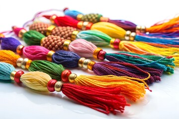 A colorful raksha sutra or sacred thread, is displayed on a white background.