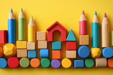Fototapeta premium A colorful background with scattered wooden toys and pencils, creating an abstract composition for educational themes.
