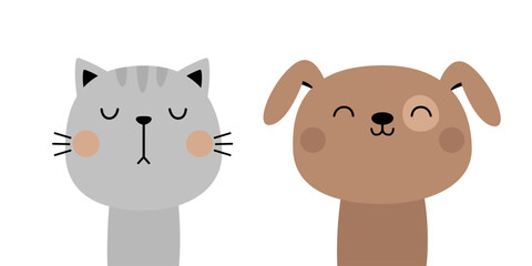 Cat dog set. Funny head face round icon. Pink cheek. Funny face head. Cute kawaii cartoon character. Valentines Day. Childish style. Sticker print. Greeting card. White background. Flat design. Vector