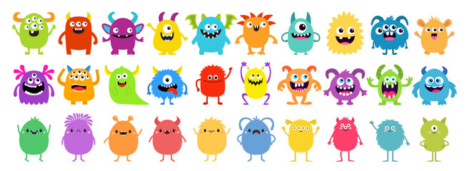 Happy Halloween. Cute monster icon set. Cartoon kawaii colorful scary funny character. Eyes, tongue, hands up. Baby collection. Childish style. Sticker print. Flat design. White background. Vector