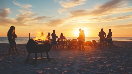 Obraz premium Friends Gather for Beachside Sunset Barbecue