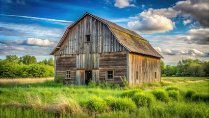 Weathered wooden barn surrounded by overgrown grass in rustic rural setting, rustic, wooden, barn, weathered, exterior, overgrown
