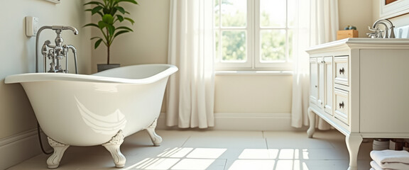 Fototapeta premium Luxurious Bathroom Interior with Clawfoot Tub and Window Sunlight