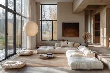 Obraz premium minimalist living room with neutral tones featuring clean lines a statement light fixture and large windows for natural illumination