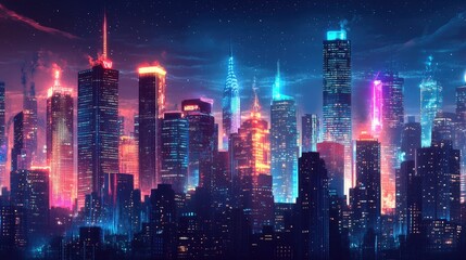 Obraz premium Night city skyline with neon glow. Illustration with architecture, skyscrapers, megapolis, buildings, downtown.
