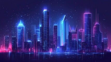 Fototapeta premium Night city skyline with neon glow. Illustration with architecture, skyscrapers, megapolis, buildings, downtown.