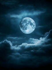 Fototapeta premium Full Moon Illuminated by Dramatic Clouds at Night - High-Resolution Image for Halloween, Fantasy, and Night Sky Themes with Dreamy and Mystical Atmosphere