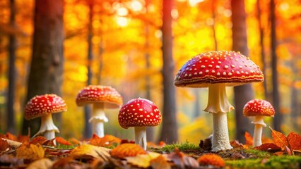 Vibrant fly agaric mushrooms contrasting against a colorful autumn forest backdrop, fly agaric, mushrooms, autumn, forest, bright