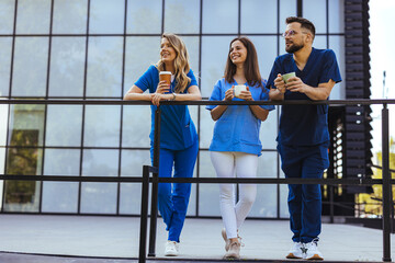Healthcare Professionals Enjoying Coffee Break Outdoors