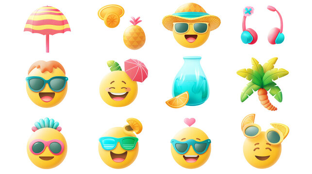 Travel concept series happy smile face expression emoticon set , cartoon emoji 3d rendering
