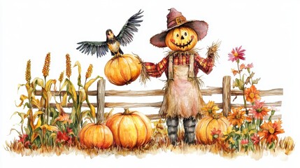 A joyful scarecrow with large birds on its head, gripping huge pumpkins, standing beside a wooden fence and a tall corn harvester, encircled by autumn flowers, watercolor