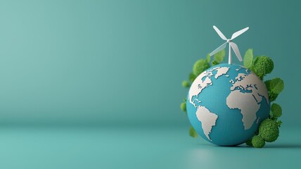 Holographic Earth with renewable energy symbols, green tech developments powering global sustainability, global development, sustainable progress