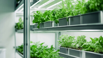 A vertical farm inside an office building, growing plants like green vegetables and herbs on the shelves
