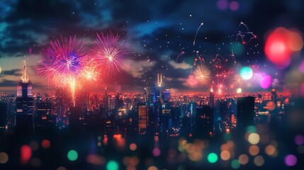 Fototapeta premium Fireworks Display Over Illuminated Cityscape at Night