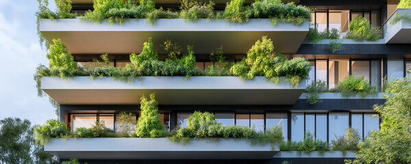 Obraz premium A modern building facade with green plants growing on the balconies, an eco-friendly architecture concept.