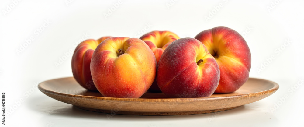 Wall mural Four Fresh Peaches on a Wooden Plate