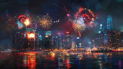 Obraz premium Fireworks Display Over a Cityscape at Night